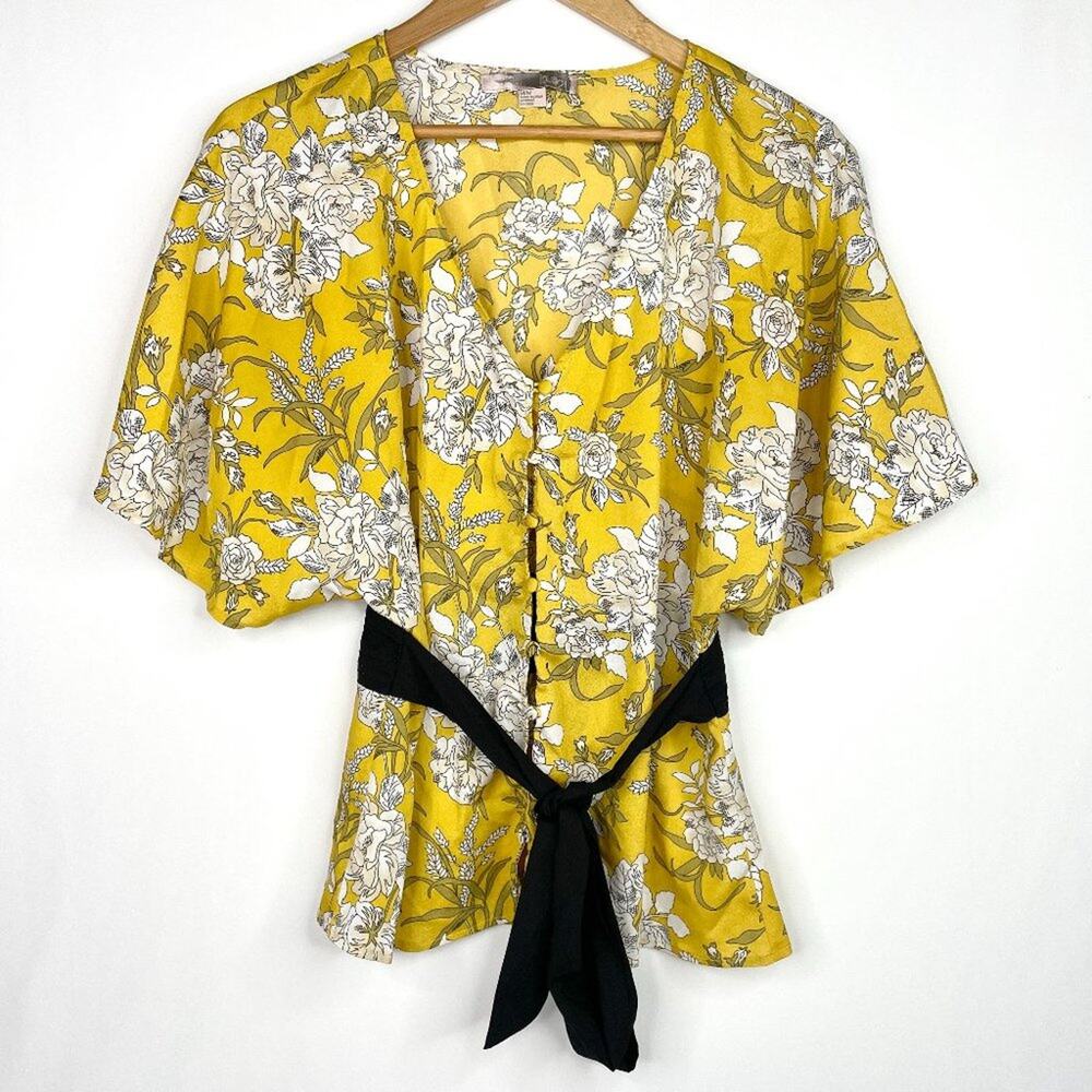 Love 21 Mustard Floral Tie Waist Blouse